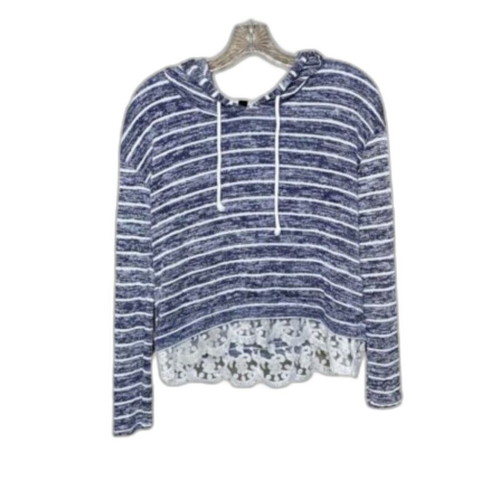 Almost Famous Blue White Strip Hoodie Romantic Lace Hem Coastal Cottagecore Top